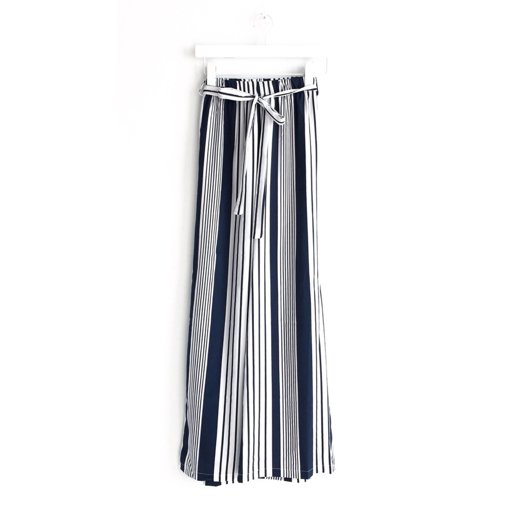 Wide leg navy striped high rise paper bag pants